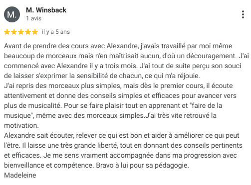 Témoigagnage de Madeleine, une élève d'Alexandre qui a retrouvé la motivation grâce aux cours de piano.