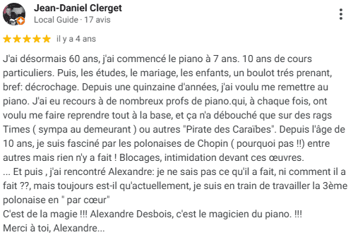 Témoigagnage de Jean-Daniel, un élève d'Alexandre qui prend des cours depuis 7 ans et qui trouve les cours magiques !