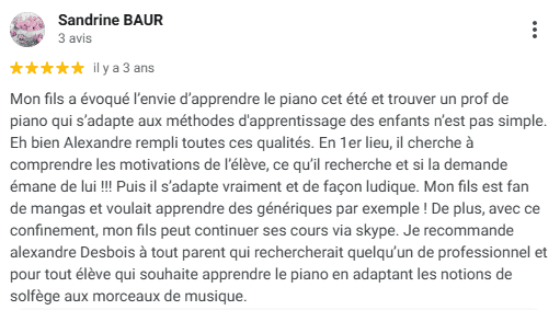 Témoigagnage de Sandrine, la Maman d'un élève satisfaite des cours de piano